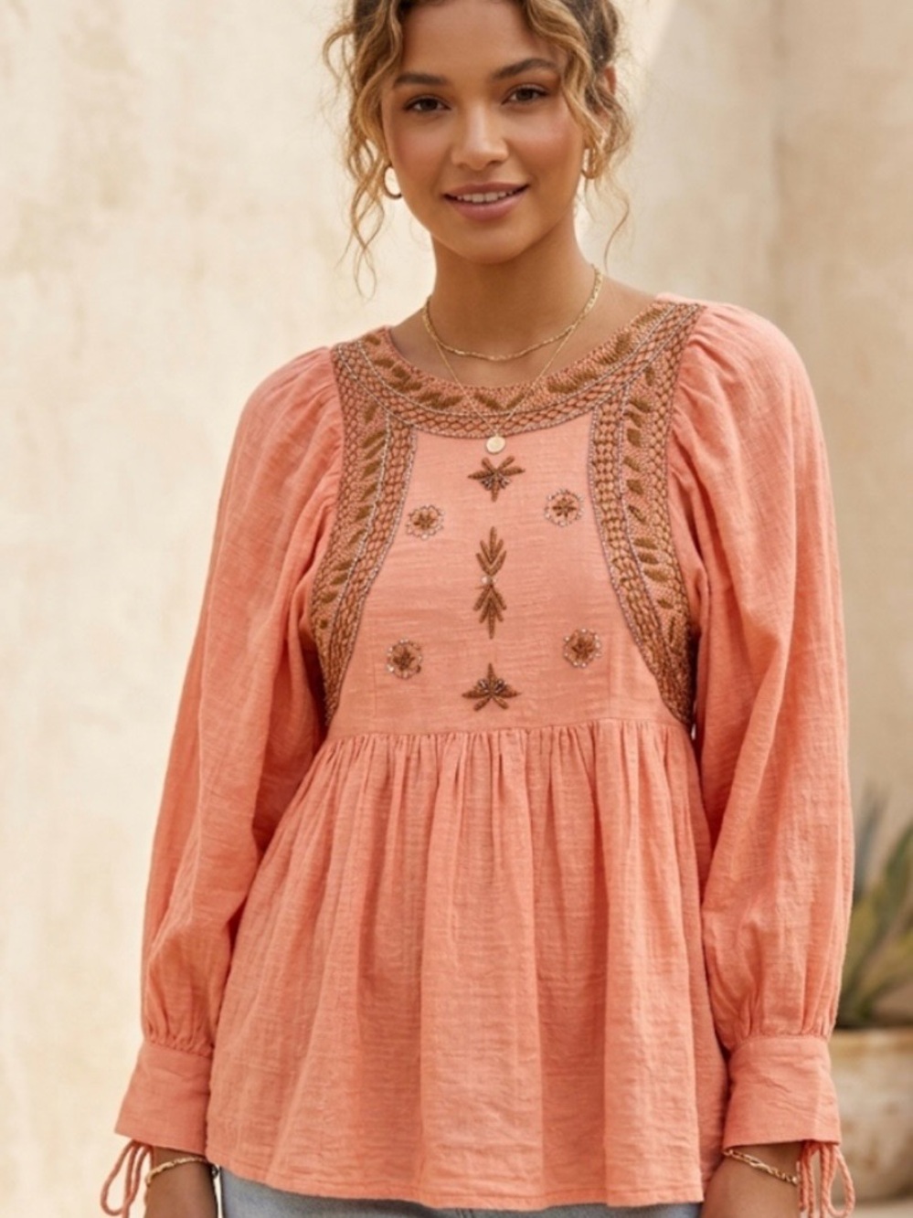 Free people size, small Embroidered Peach Boho Peasant Top